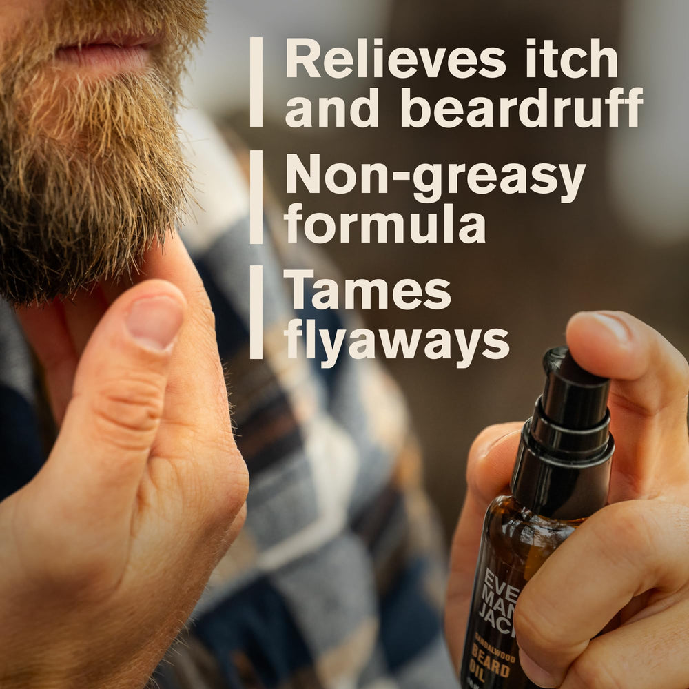 Every Man Jack beard oil label highlights natural ingredients.