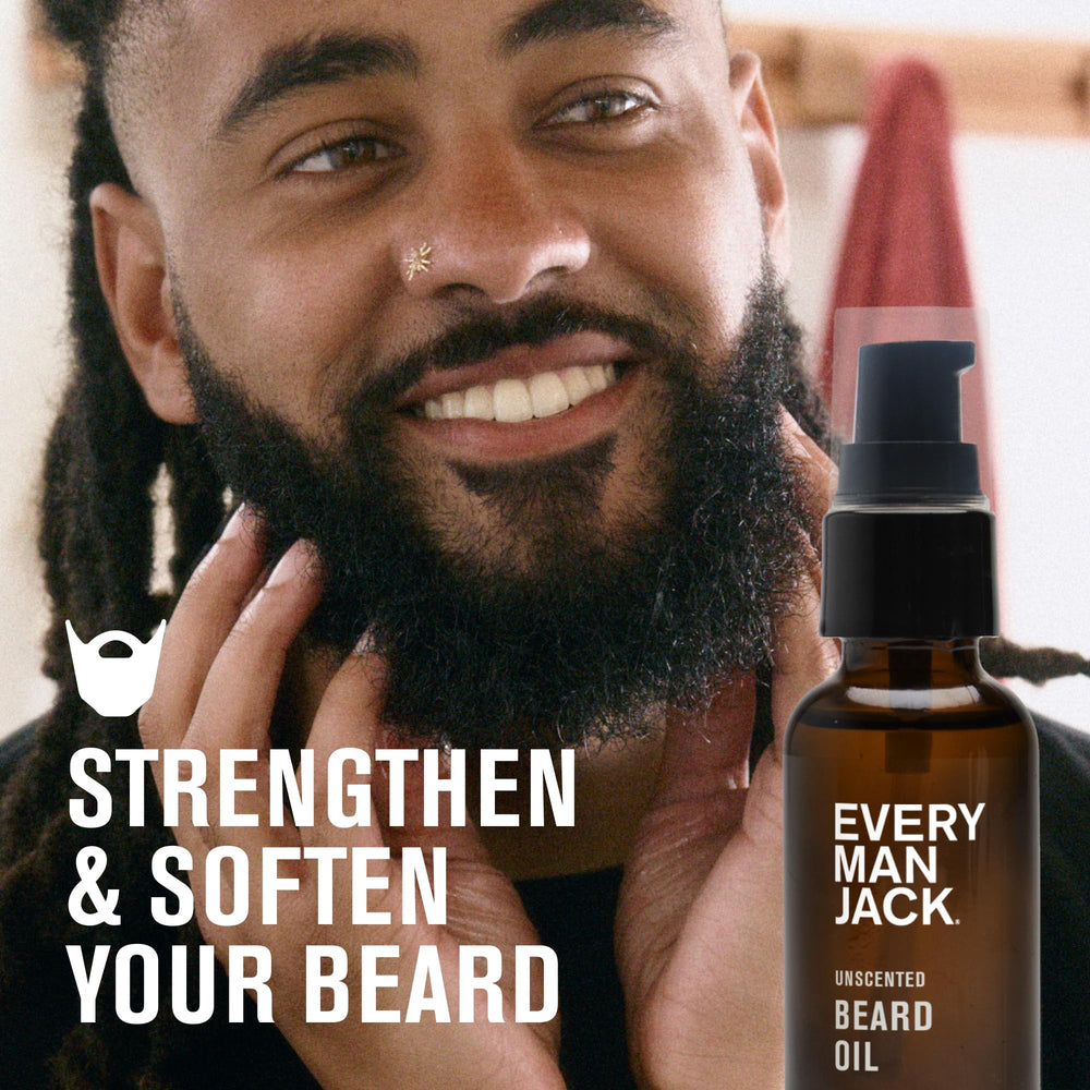 Every Man Jack unscented beard oil drop on beard for easy application.