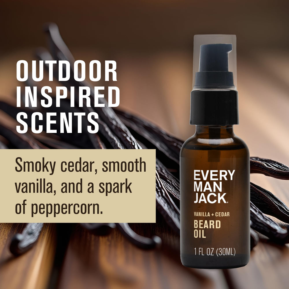 Every Man Jack beard oil on beard demonstrating smooth texture and woodsy aroma.