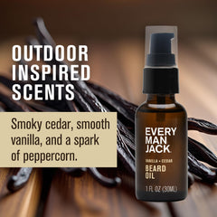 Every Man Jack beard oil on beard demonstrating smooth texture and woodsy aroma.