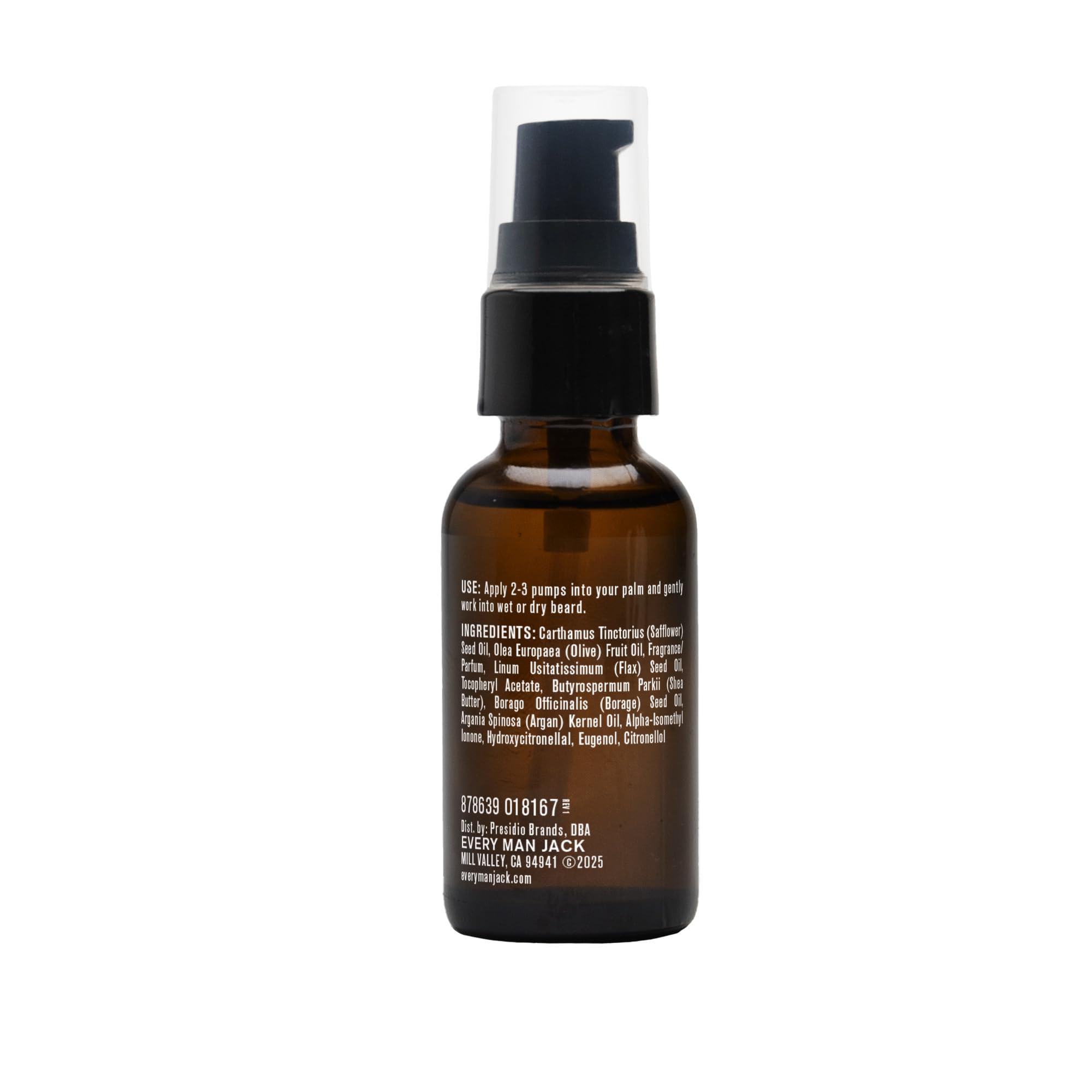 Every Man Jack vanilla cedar beard oil bottle with wood texture background.