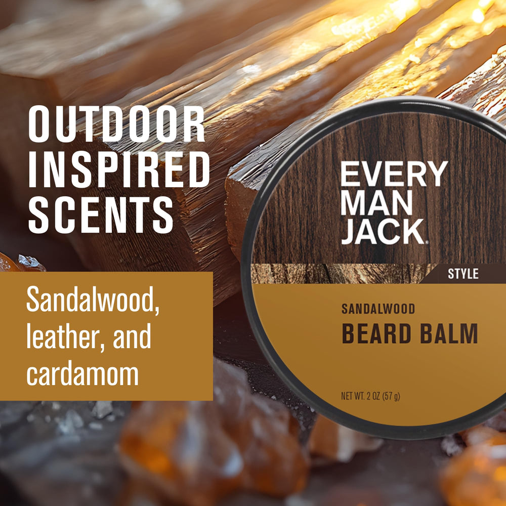 Every Man Jack beard balm bottle close-up highlighting sandalwood and citrus aroma