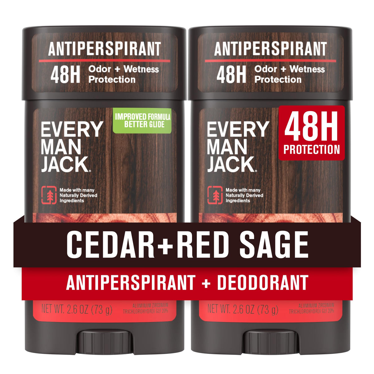 Every Man Jack Cedar + Red Sage deodorant stick front view for all-day protection.
