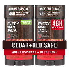 Every Man Jack Cedar + Red Sage deodorant stick front view for all-day protection.