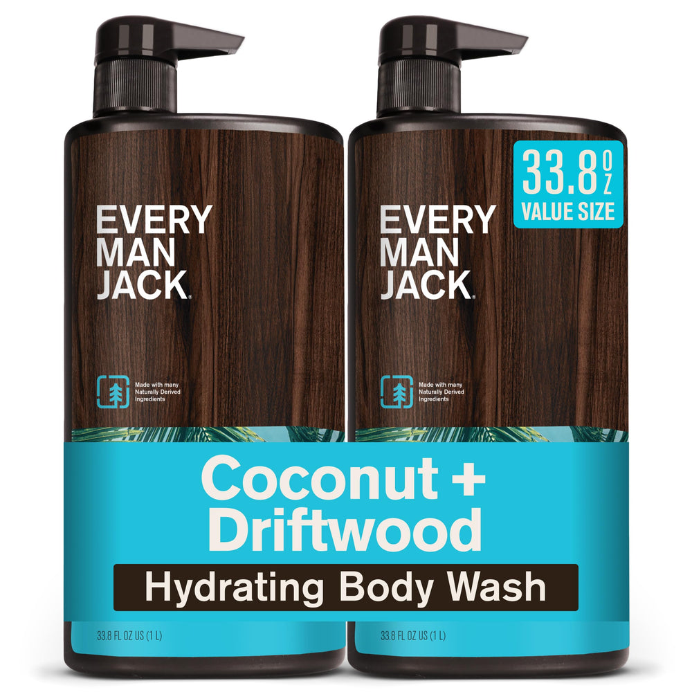 Every Man Jack Coconut Driftwood body wash bottle with tropical scent for a refreshing cleanse