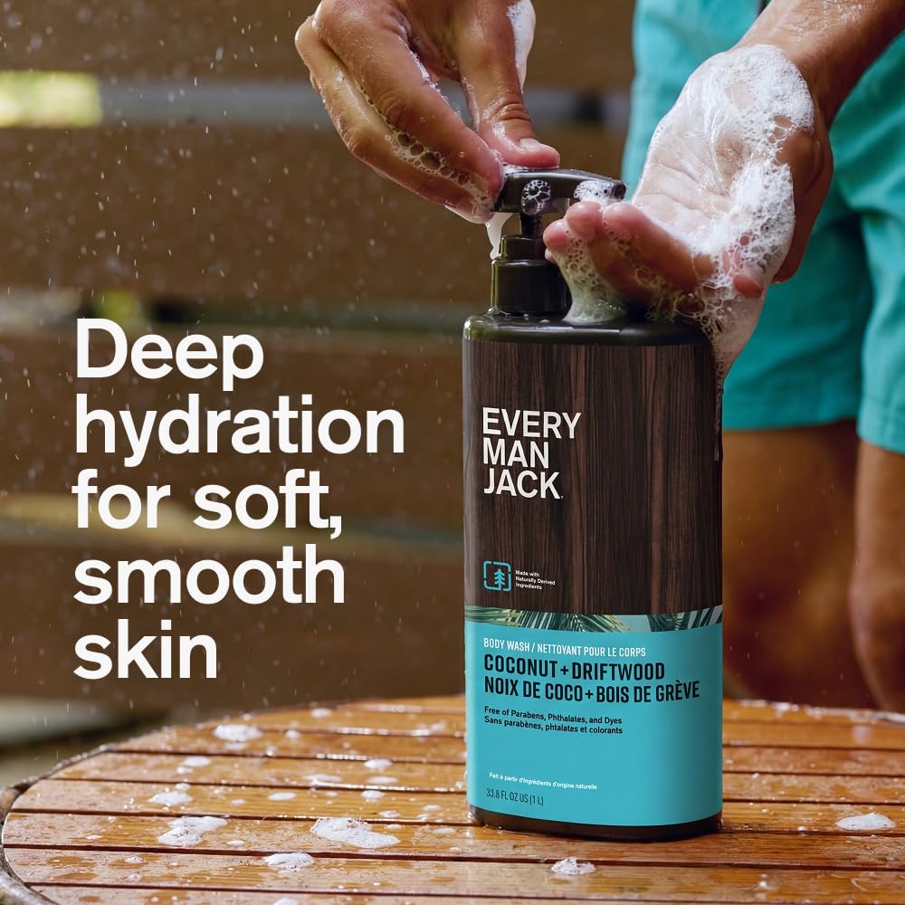 Close-up of cap on Every Man Jack Coconut Driftwood body wash