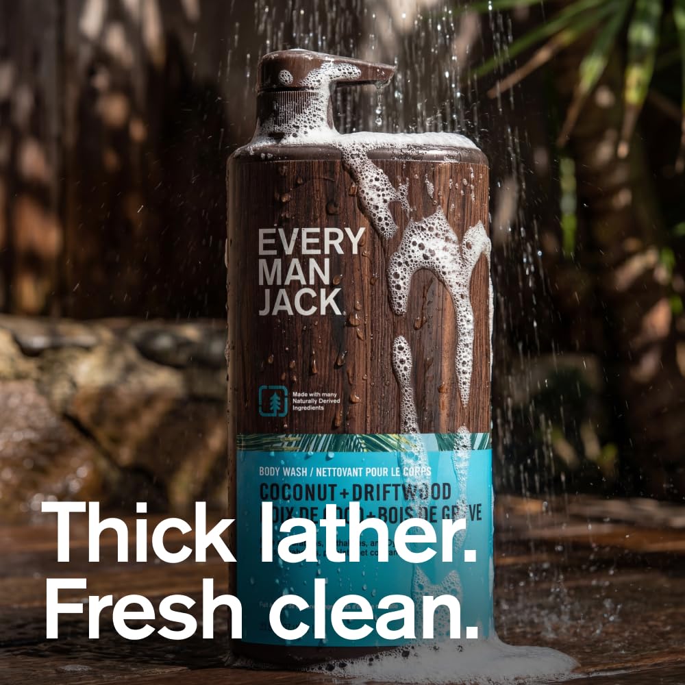 Front label of Every Man Jack Coconut Driftwood body wash highlighting paraben-free formula