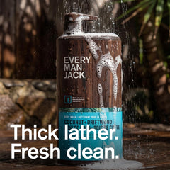 Front label of Every Man Jack Coconut Driftwood body wash highlighting paraben-free formula