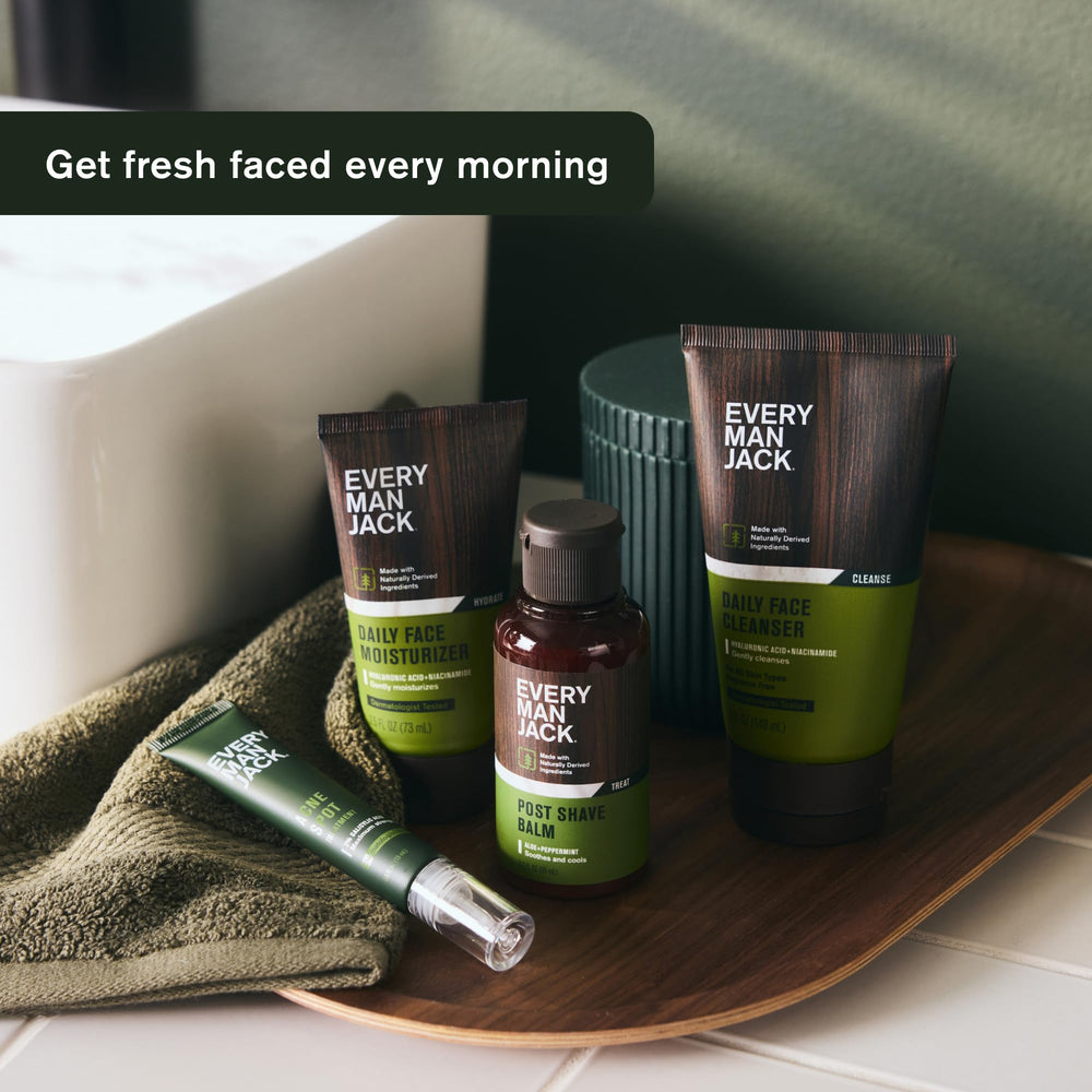 Every Man Jack fragrance-free label indicating sensitive-skin friendly cleanser.