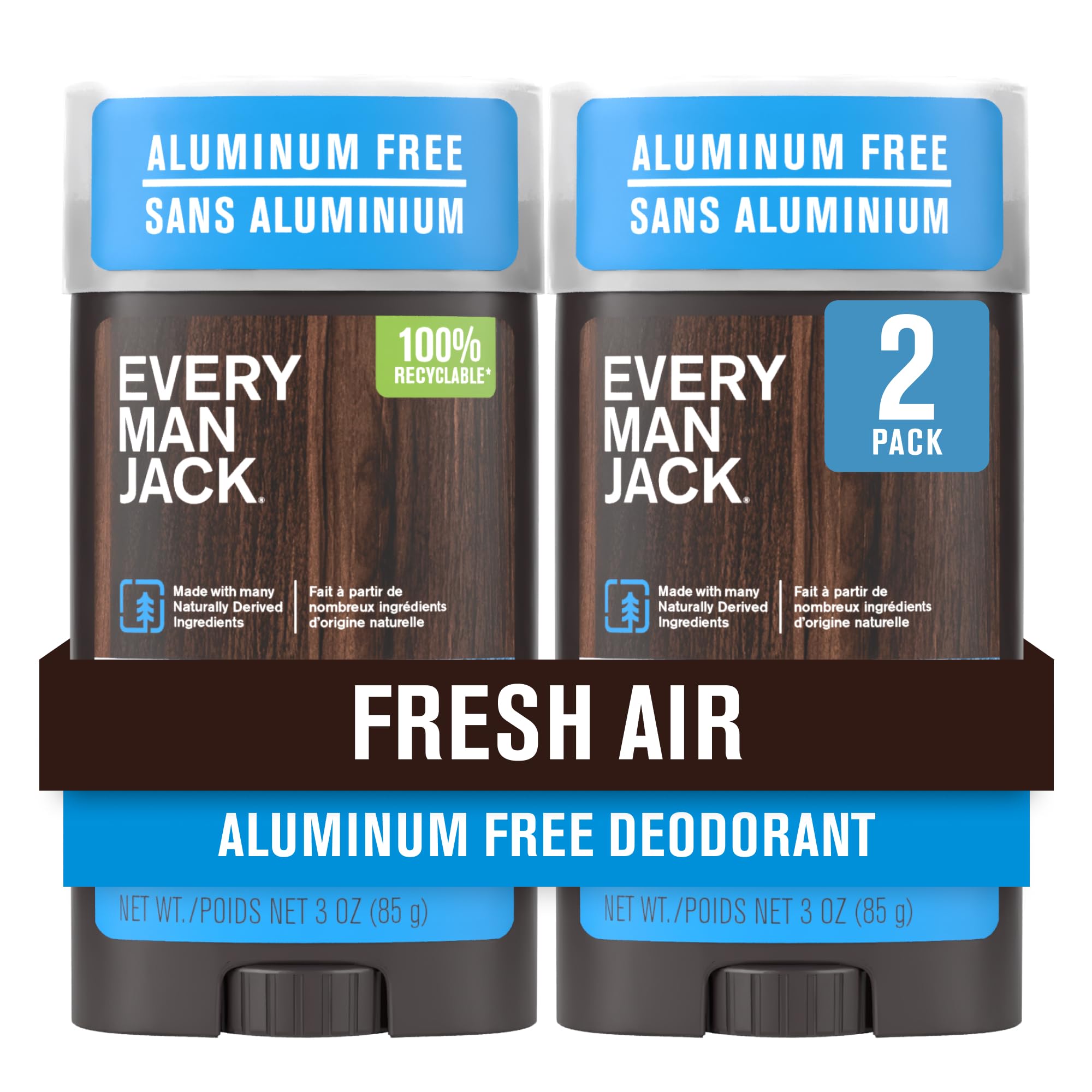 Every Man Jack Fresh Air deodorant 2-pack packaging highlights aluminum-free formula for all-day freshness.