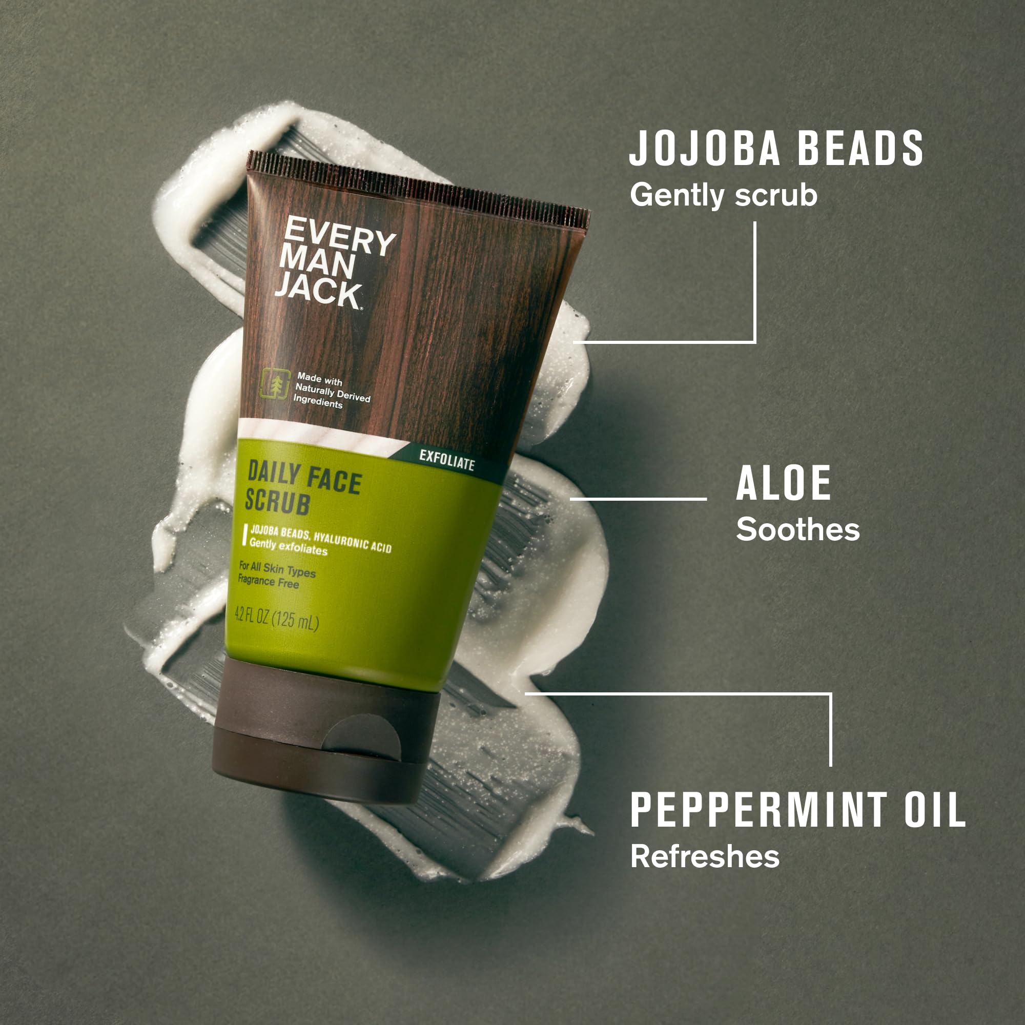 Every Man Jack Gentle Scrub with jojoba beads texture close-up shows micro-exfoliation.