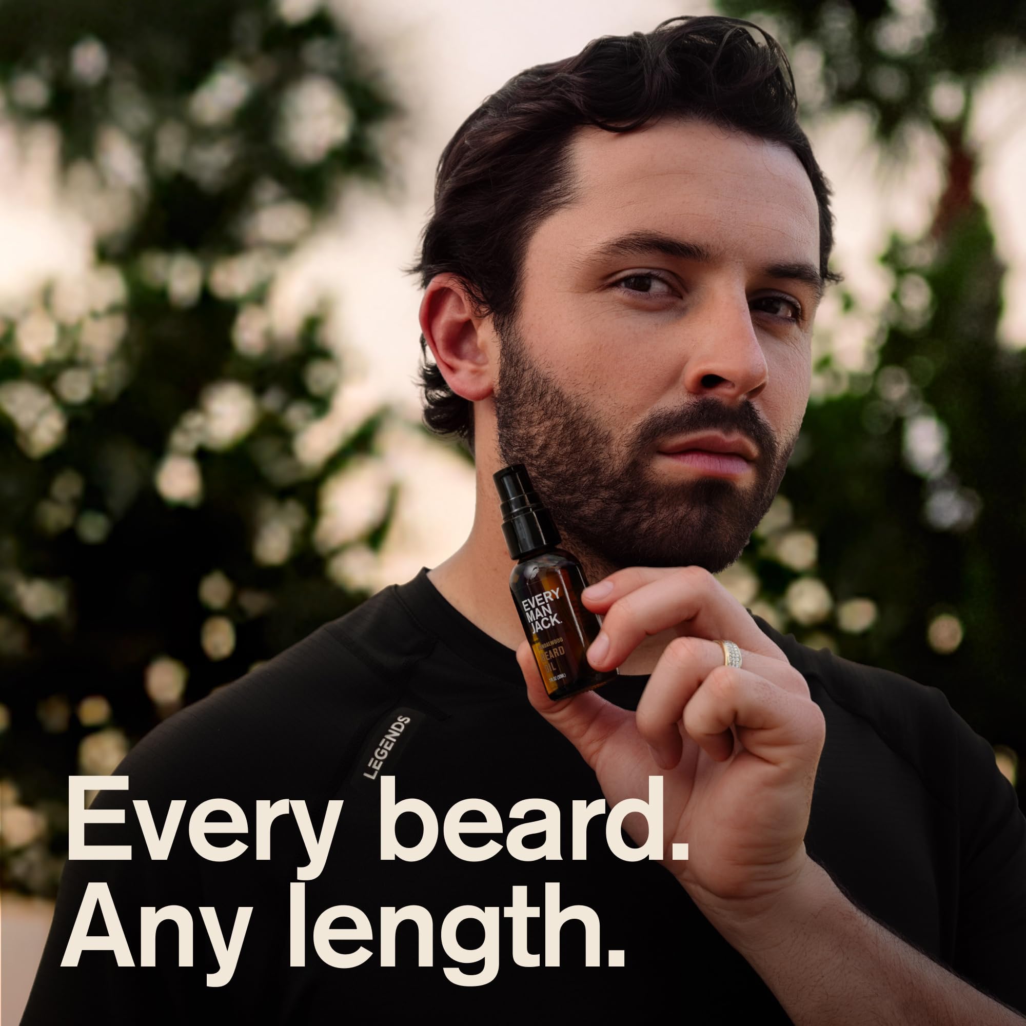 USA-made Every Man Jack Sandalwood Beard Oil packaging displayed.