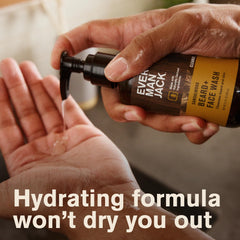 Every Man Jack Sandalwood Beard Wash close-up shows lush lather from coconut-based surfactants