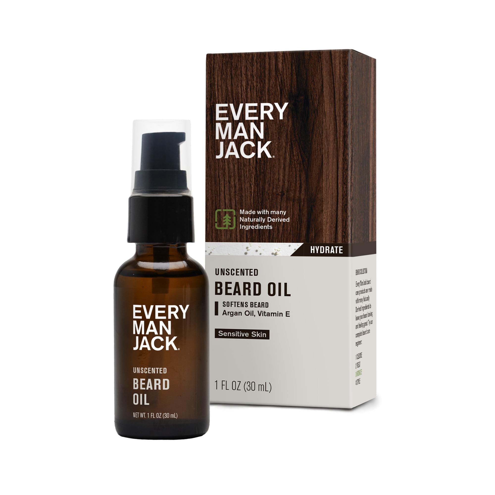 Every Man Jack unscented beard oil bottle for fragrance-free daily care.