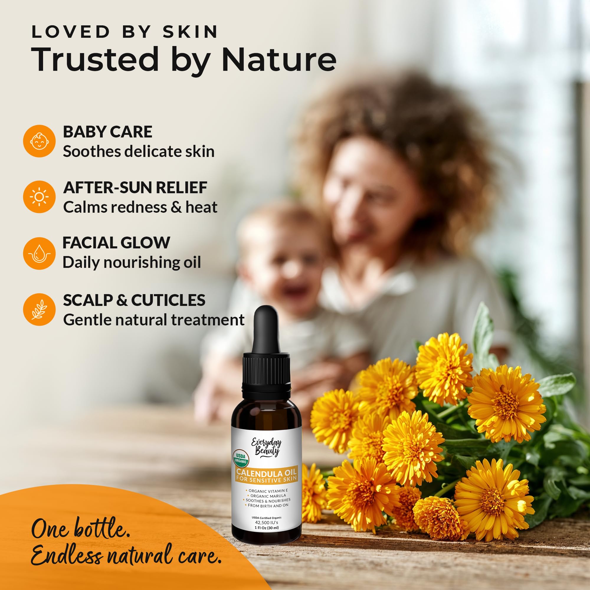 Everyday Beauty Calendula Oil packaging emphasizes safety and recyclable materials.