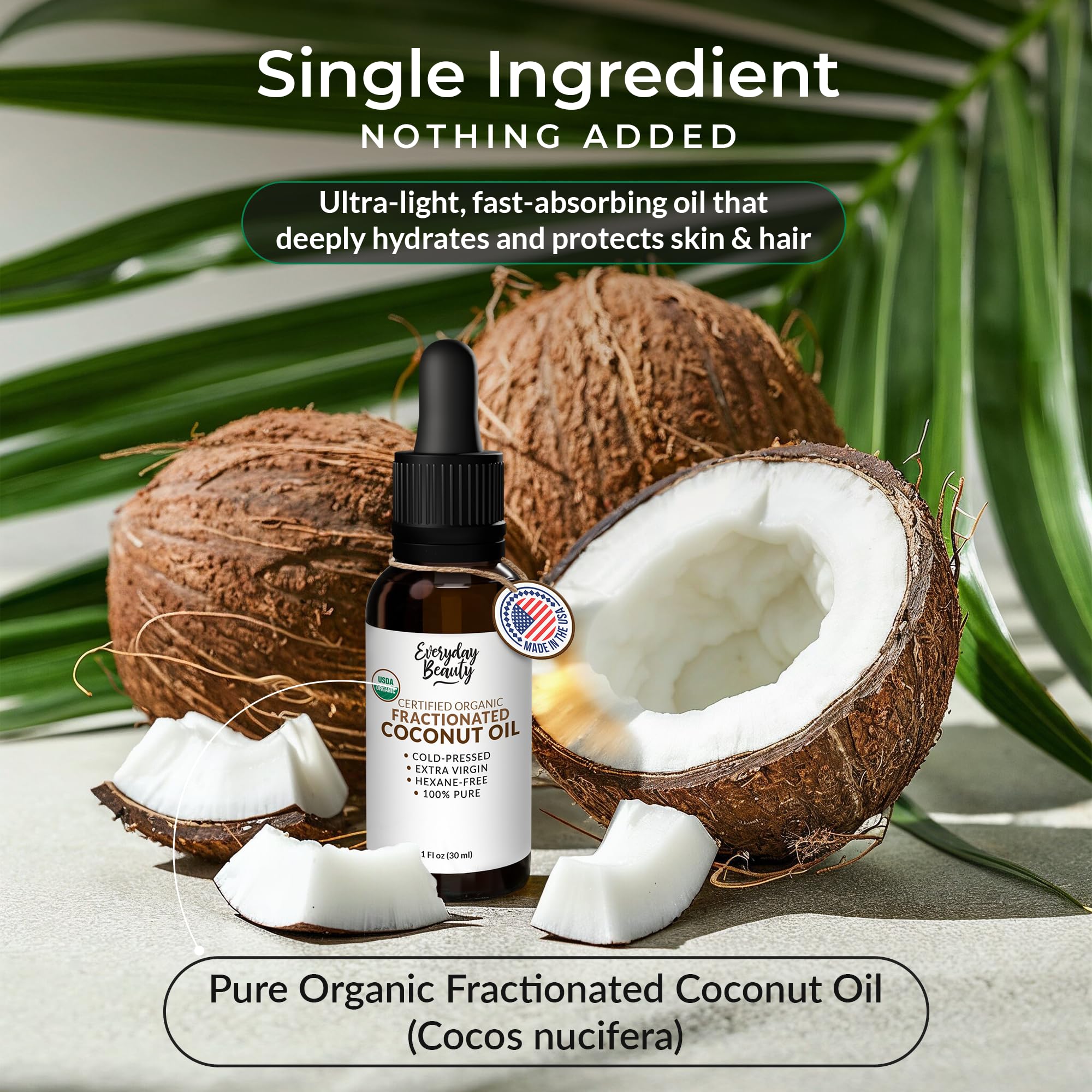 Everyday Beauty coconut oil texture close-up shows lightweight, fast-absorbing glide