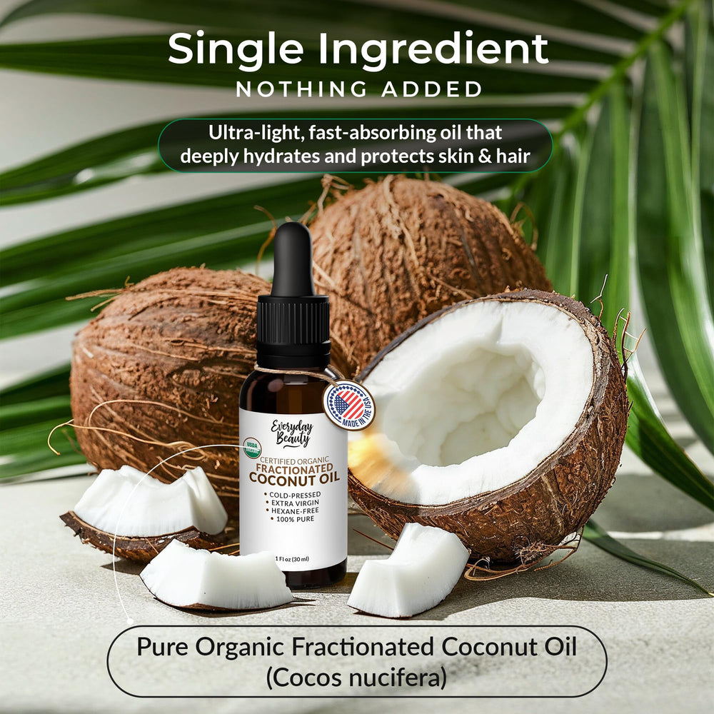 Everyday Beauty coconut oil texture close-up shows lightweight, fast-absorbing glide