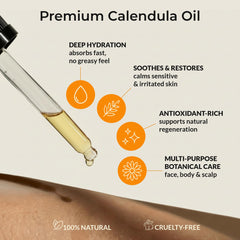 Everyday Beauty Calendula Oil label closeup highlights organic ingredients and clean formulation.