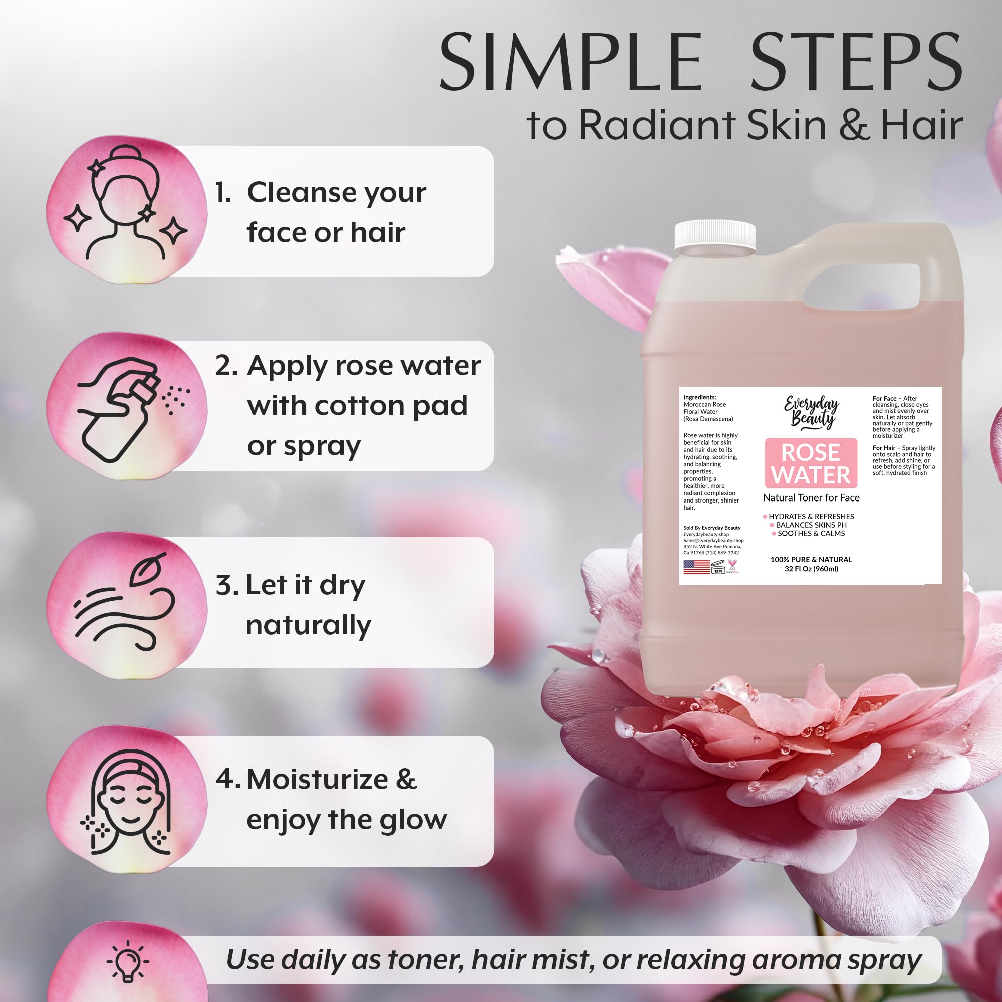 Everyday Beauty Rose Water Toner bulk bottle ready for refill routines.