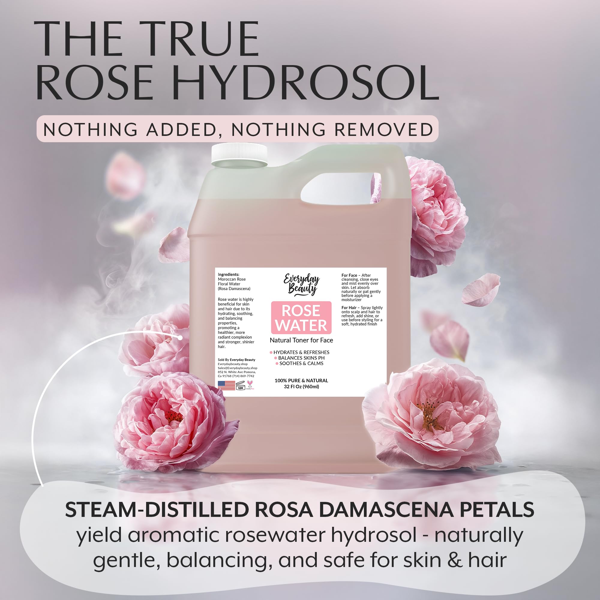 Everyday Beauty Rose Water Toner hair-use mist for a refreshed feel.
