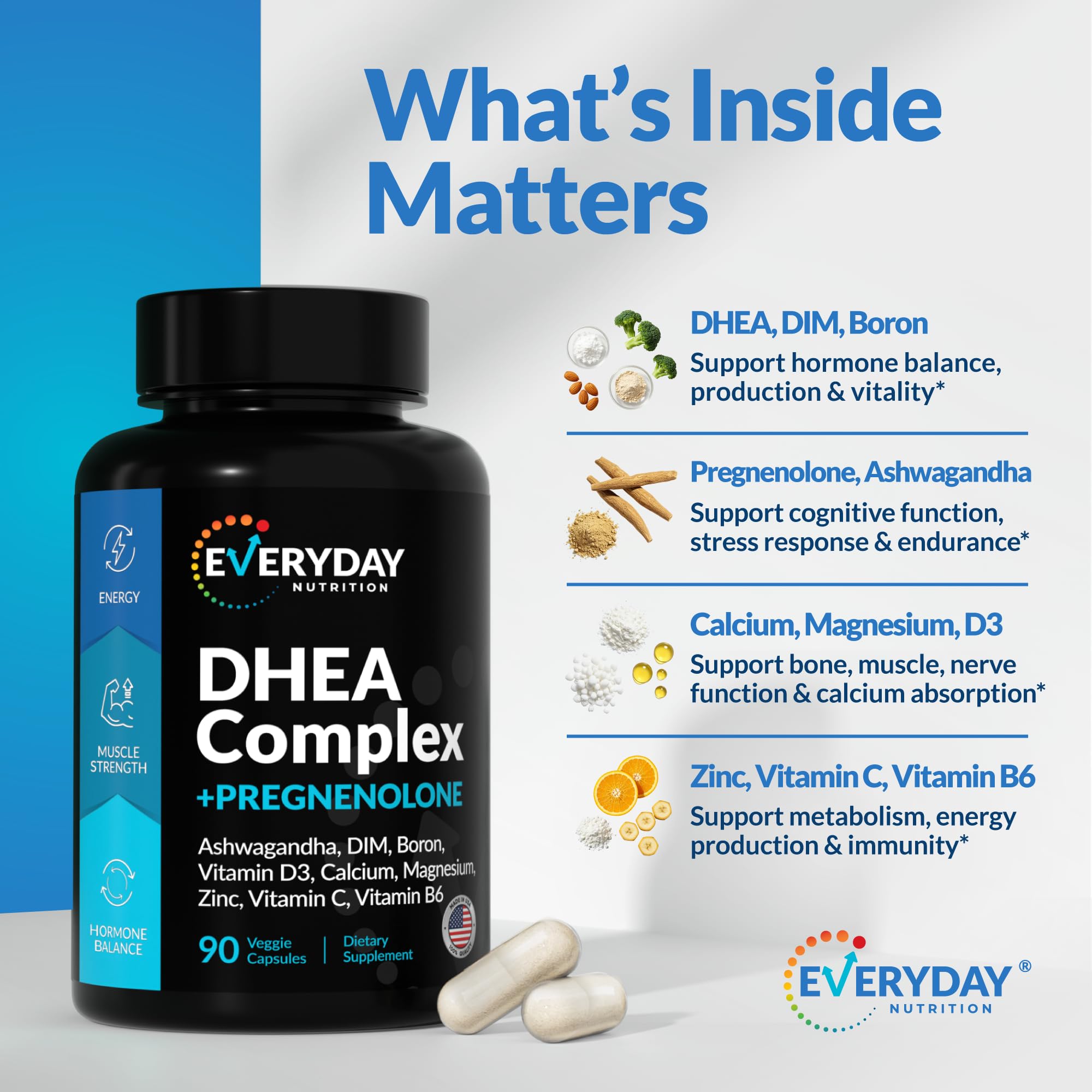 EVERYDAY NUTRITION DHEA DIM panel close-up for immune and hormonal support.