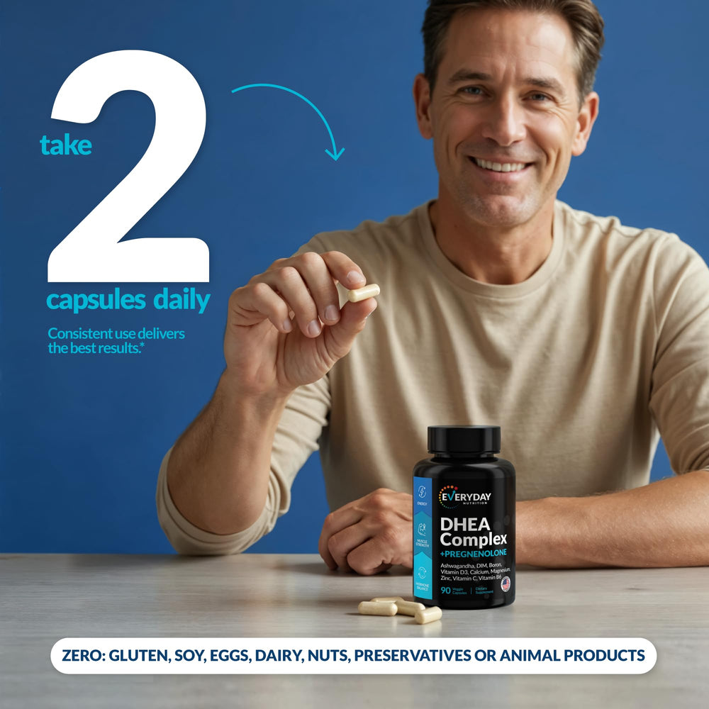EVERYDAY NUTRITION DHEA pack shot with 90 capsules for convenient daily use.