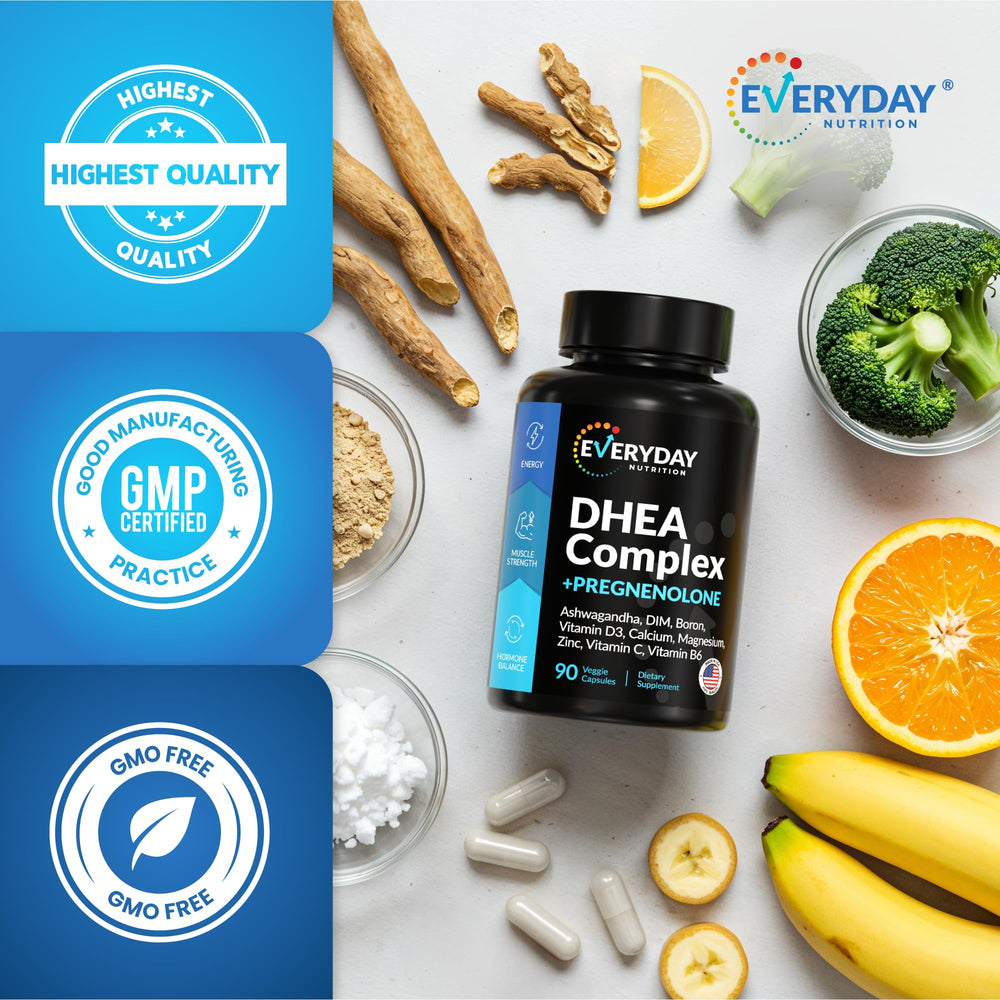EVERYDAY NUTRITION DHEA Vitamin D3 bottle close-up for wellness support.