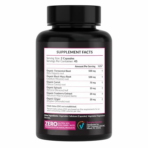EVERYDAY NUTRITION label close-up on Organic Fermented Beet Root Capsules.