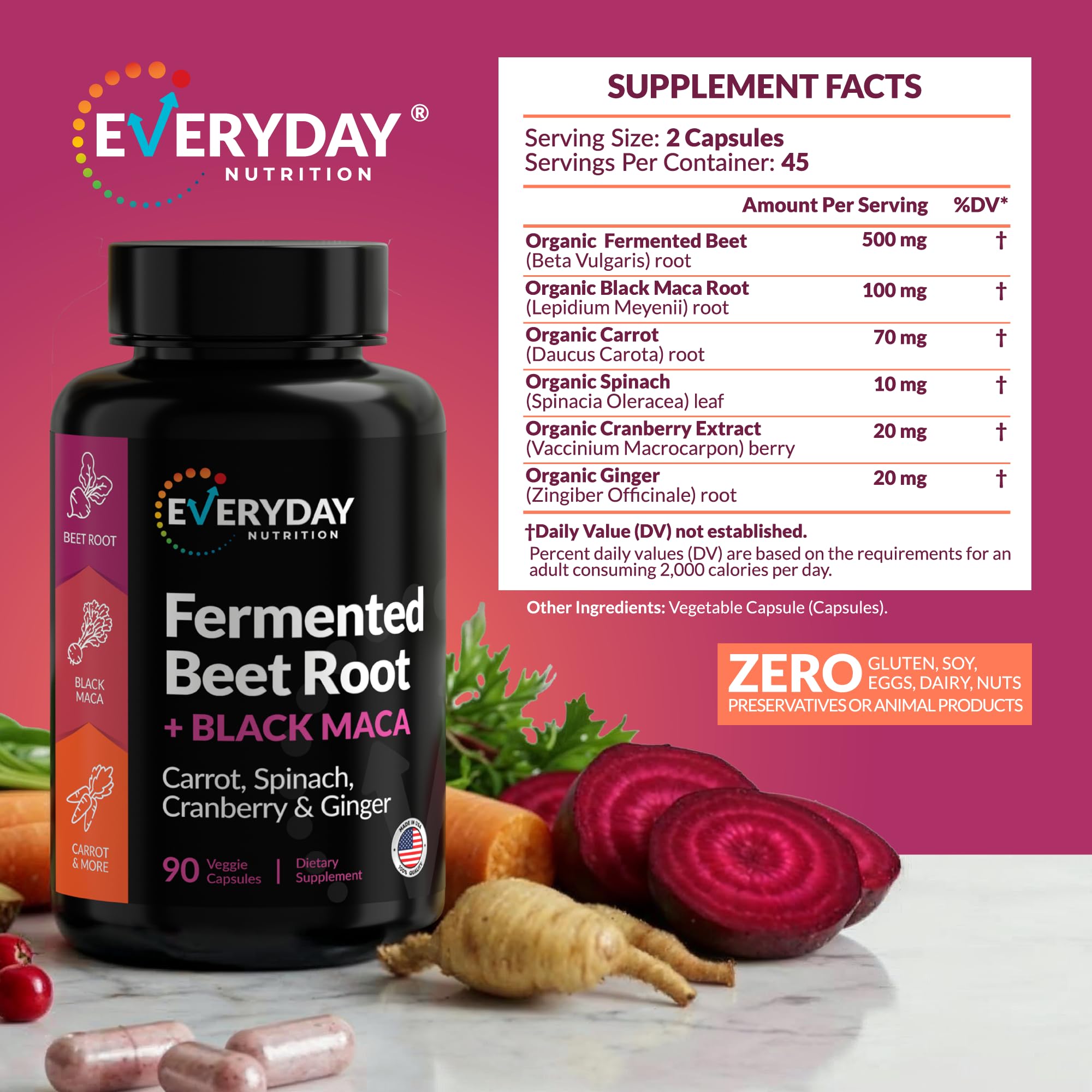 EVERYDAY NUTRITION Organic Carrot and Spinach ingredients close-up.