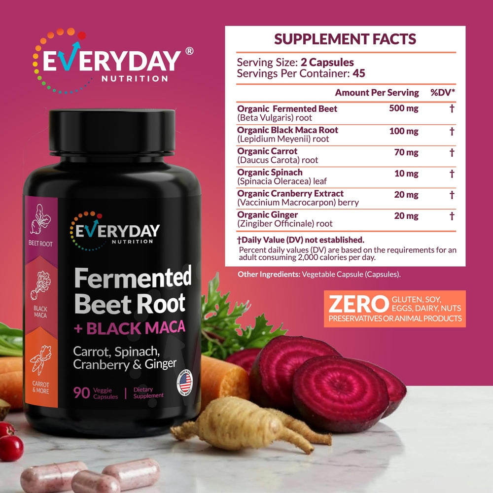 EVERYDAY NUTRITION Organic Carrot and Spinach ingredients close-up.