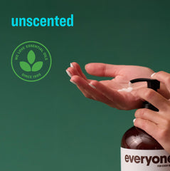 Everyone 2in1 unscented lotion label shows fragrance-free formula for sensitive skin.