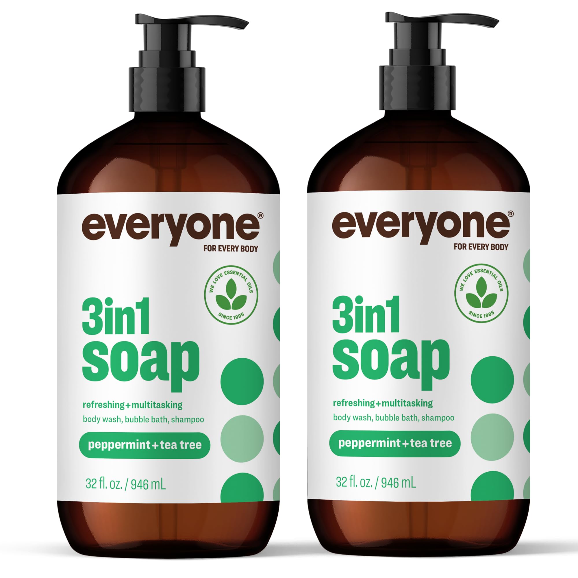 Everyone 3-in-1 peppermint-tea-tree bottle front for versatile hair, body and bath cleansing.