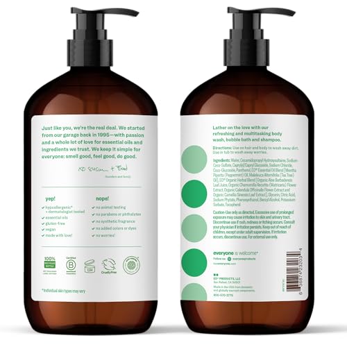 Everyone 3-in-1 peppermint-tea-tree bottle pour shows convenient multi-use wash.