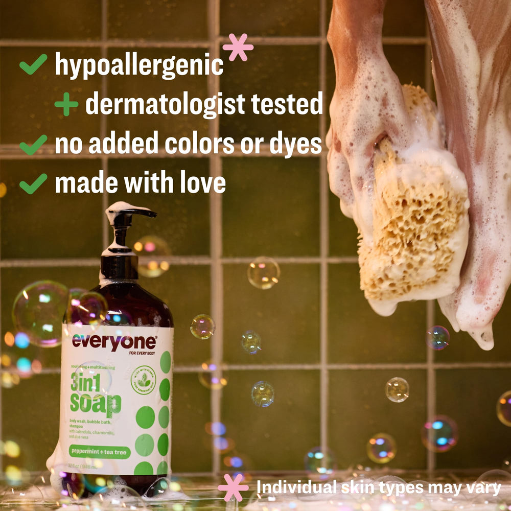 Everyone 3-in-1 shampoo-lather demonstrates cleansing for hair and skin.