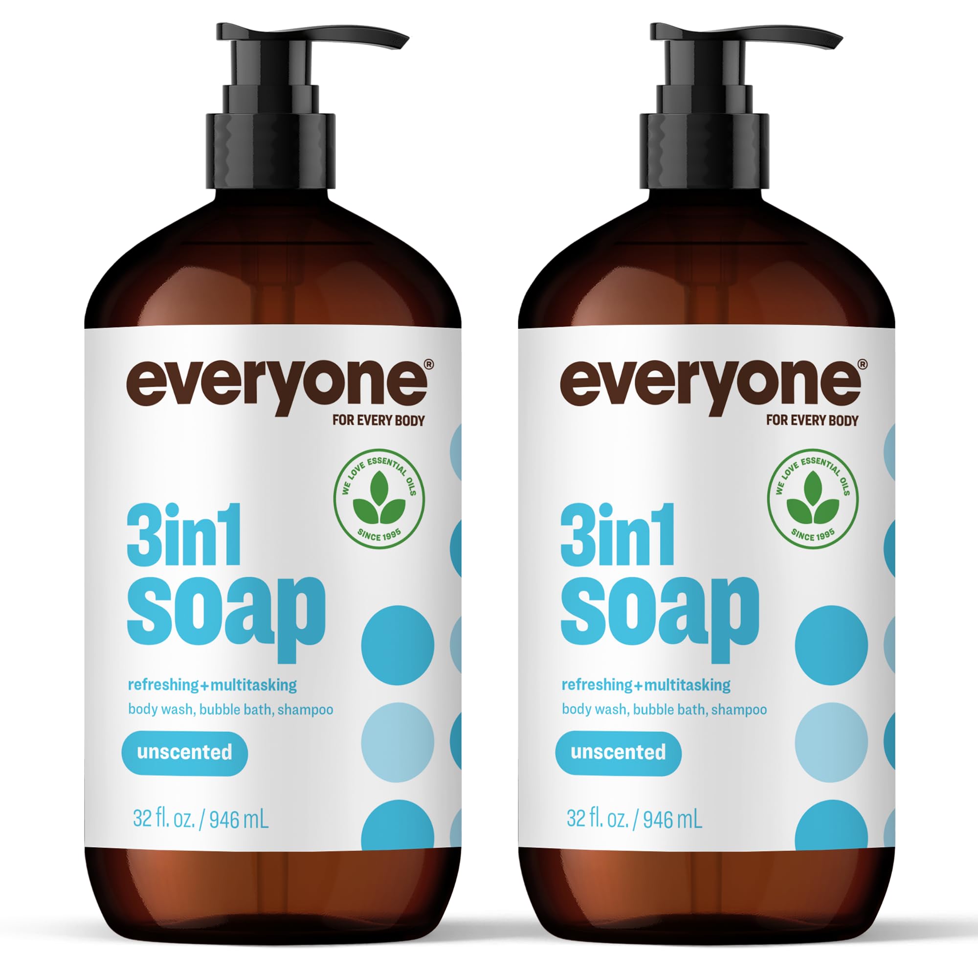 Everyone 3-in-1 unscented bottle front shows a versatile cleanser for hair, body, and bath.