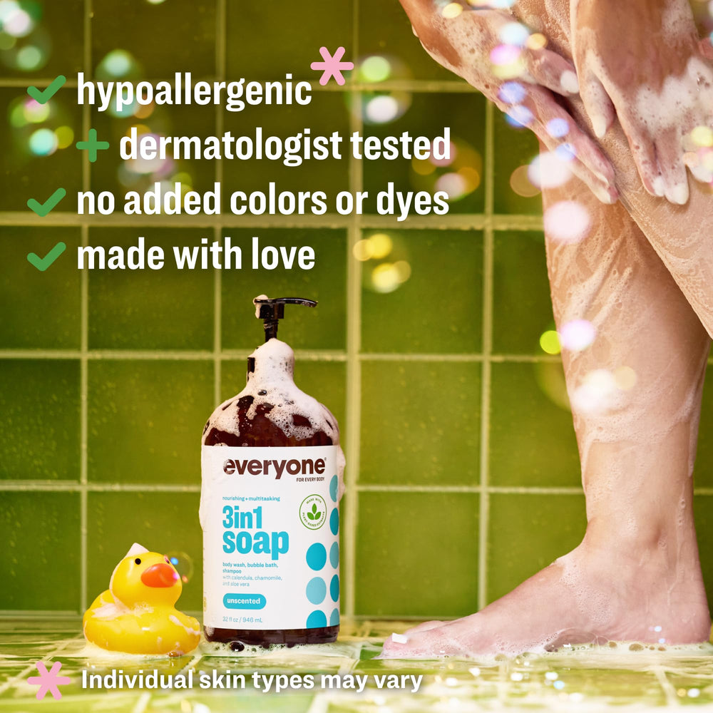 Everyone 3-in-1 unscented bubble bath foam shows creamy lather for a relaxing soak.