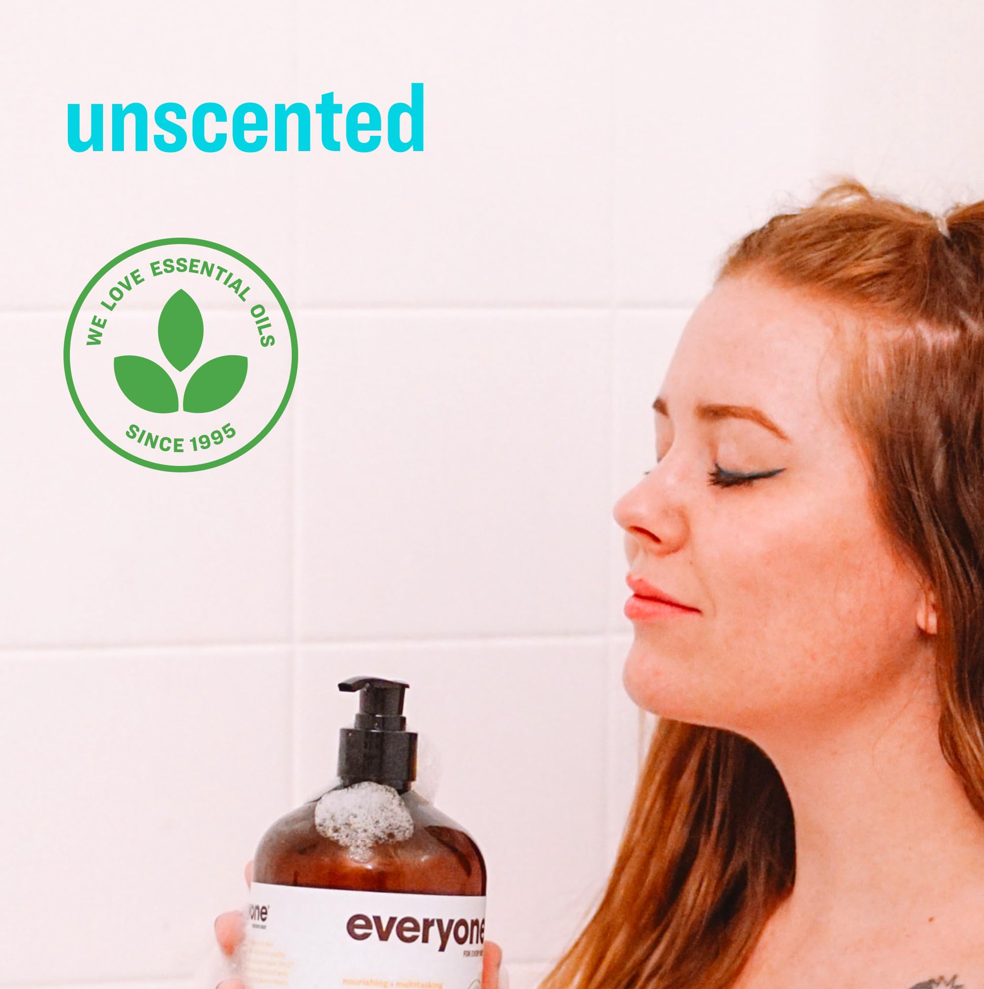 Everyone 3-in-1 unscented shampoo and body wash used in the shower for cleansing.