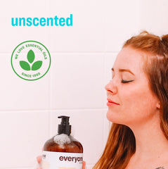 Everyone 3-in-1 unscented shampoo and body wash used in the shower for cleansing.