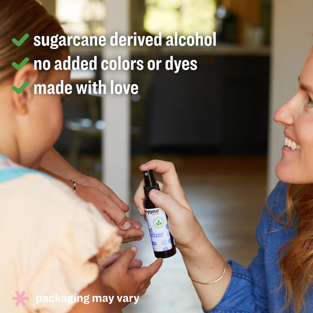 Everyone hand sanitizer spray pour image demonstrates quick-dry, non-sticky formula for hands.