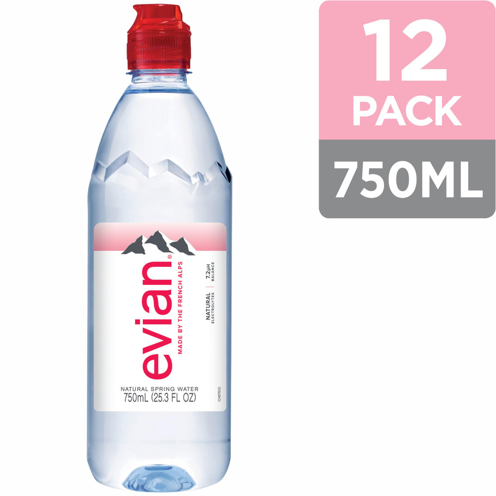 evian 12-pack packaging shown for family or office hydration