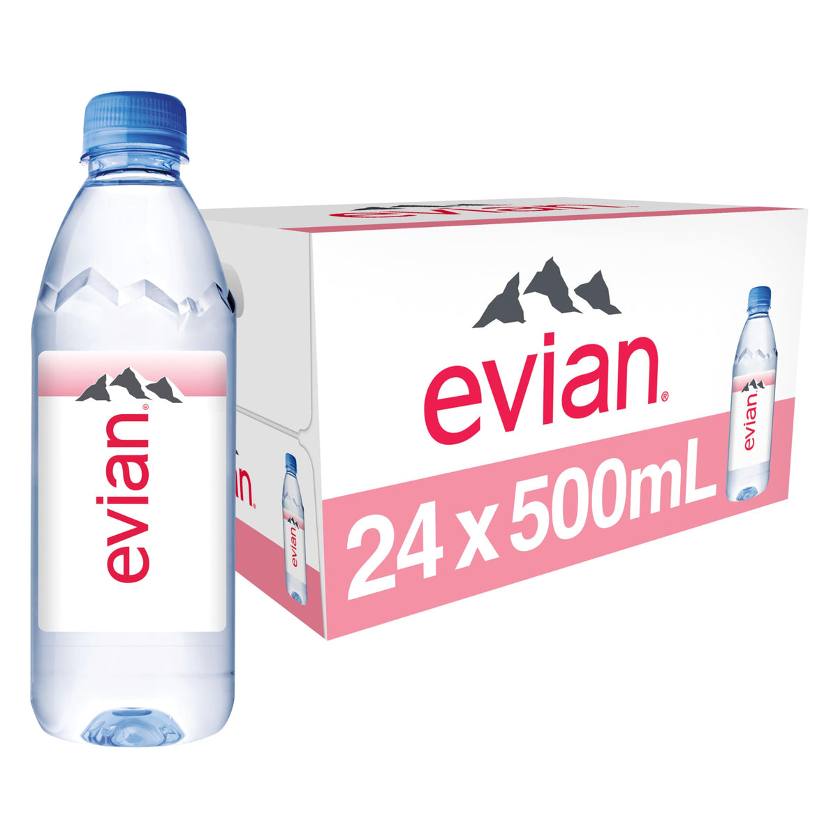 evian 500ml bottle in a 24-pack for convenient hydration on the go