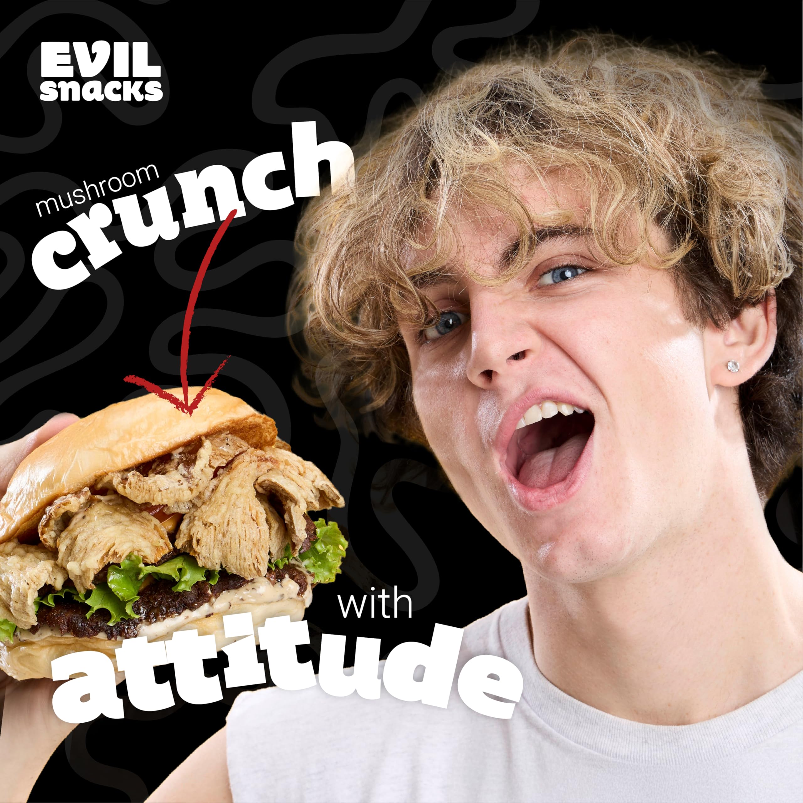 EVIL SNACKS bag-open pour shot highlighting snackable portions on the go.