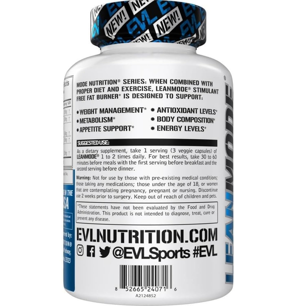 Close-up of the EVL LeanMode label highlighting appetite and metabolism support ingredients.
