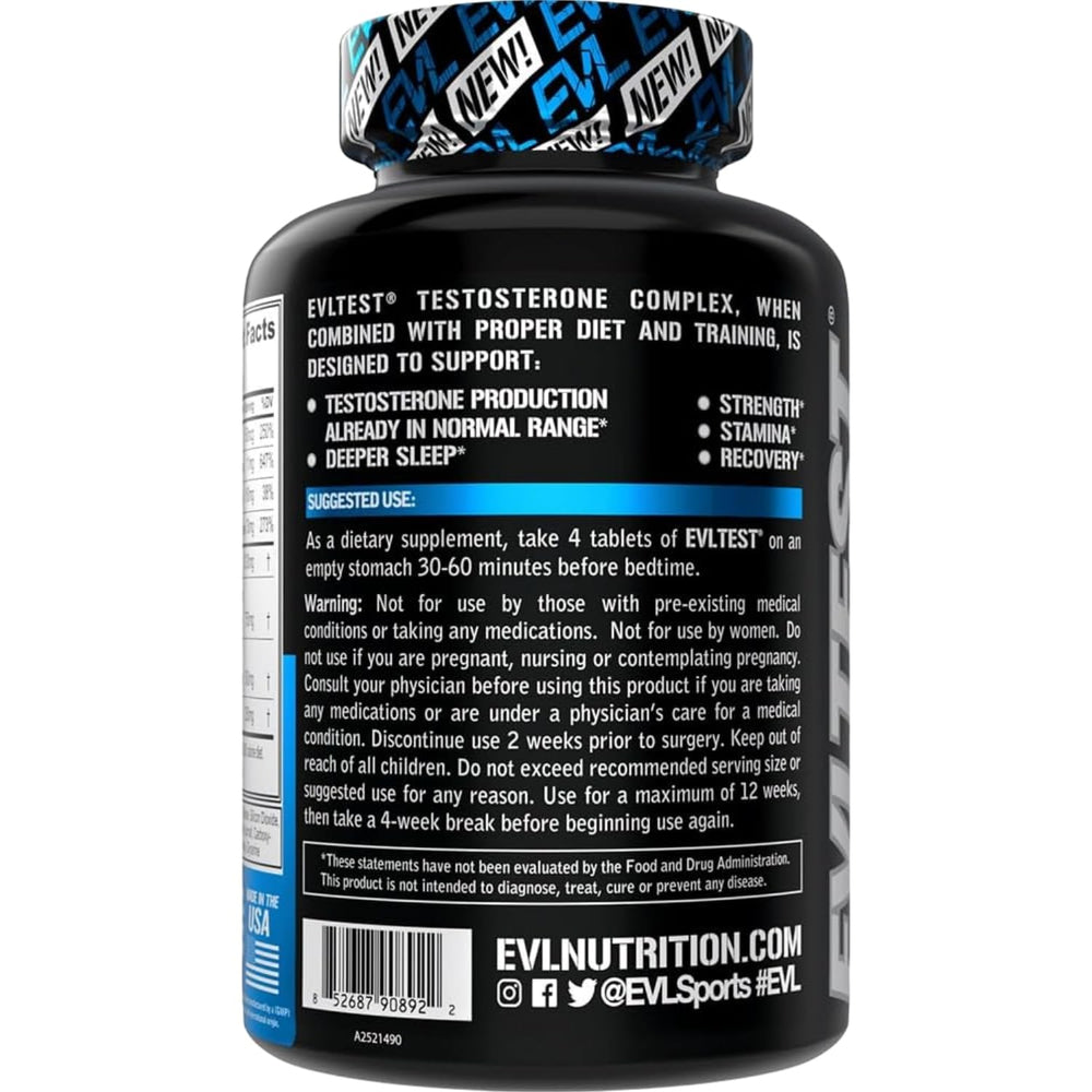 EVLTest bottle side view showing label details and ingredient transparency.