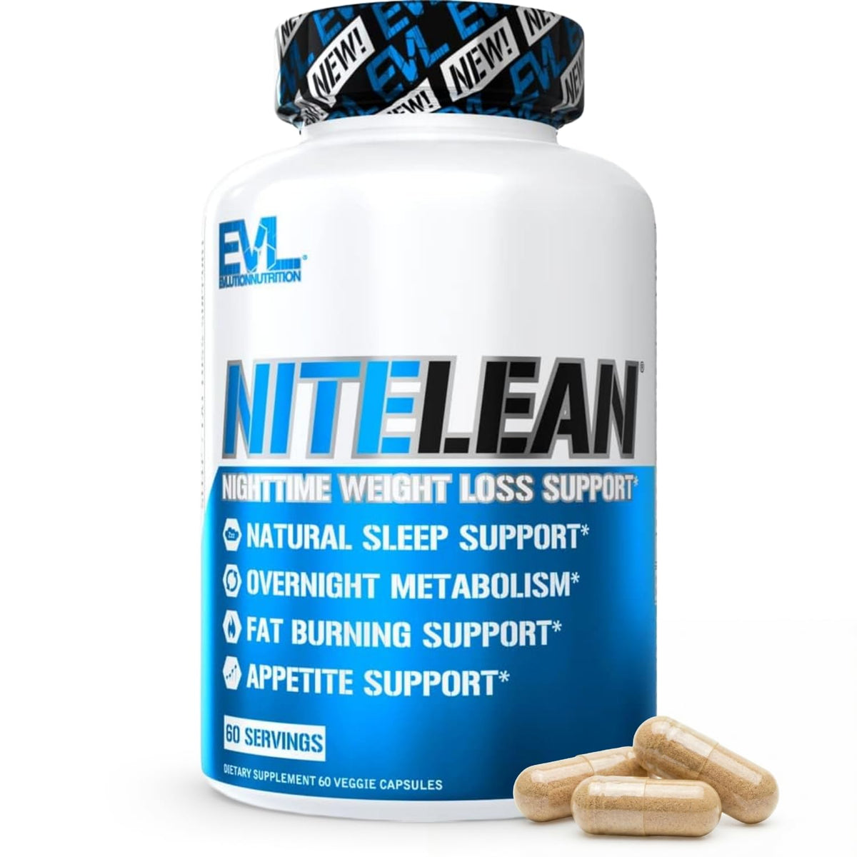 Evlution NiteLean bottle label highlights ingredients for nighttime metabolism support