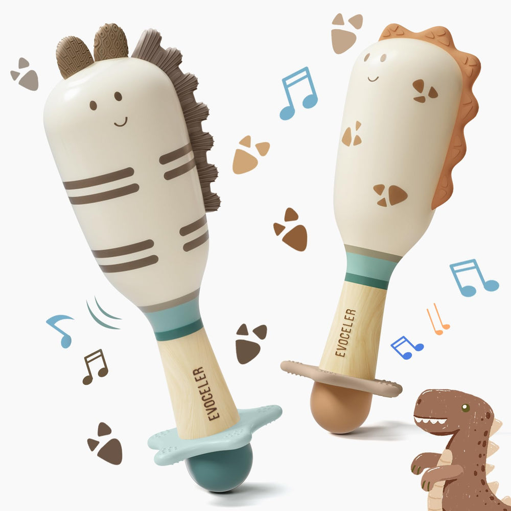 Evoceler Stegosaurus rattle teether with soft silicone for soothing teething.