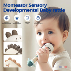 Evoceler Tyrannosaurus rattle teether engages babies with tactile grasp and sounds.