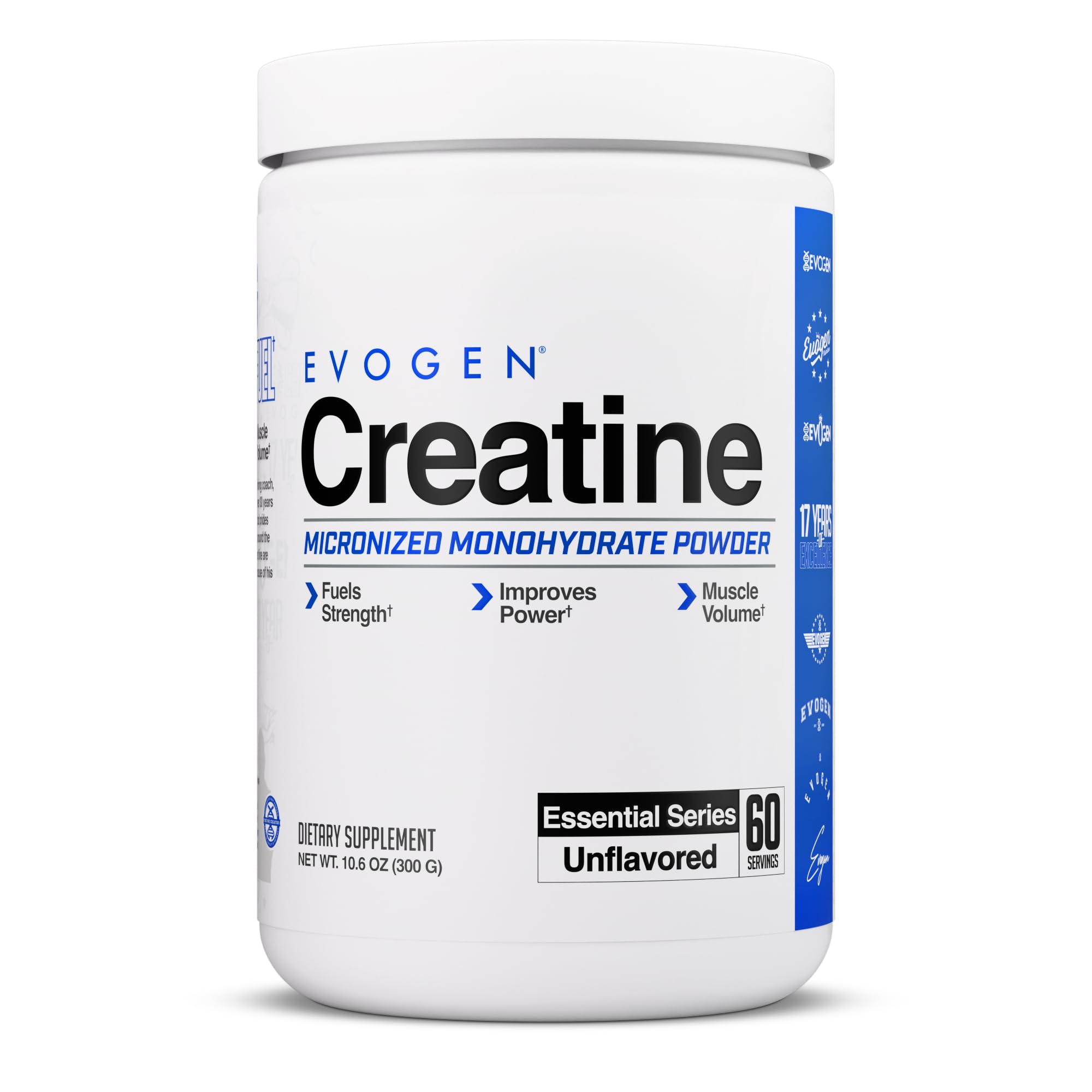 Evogen Creatine Monohydrate bottle close-up highlighting micronized formula for easy mixing