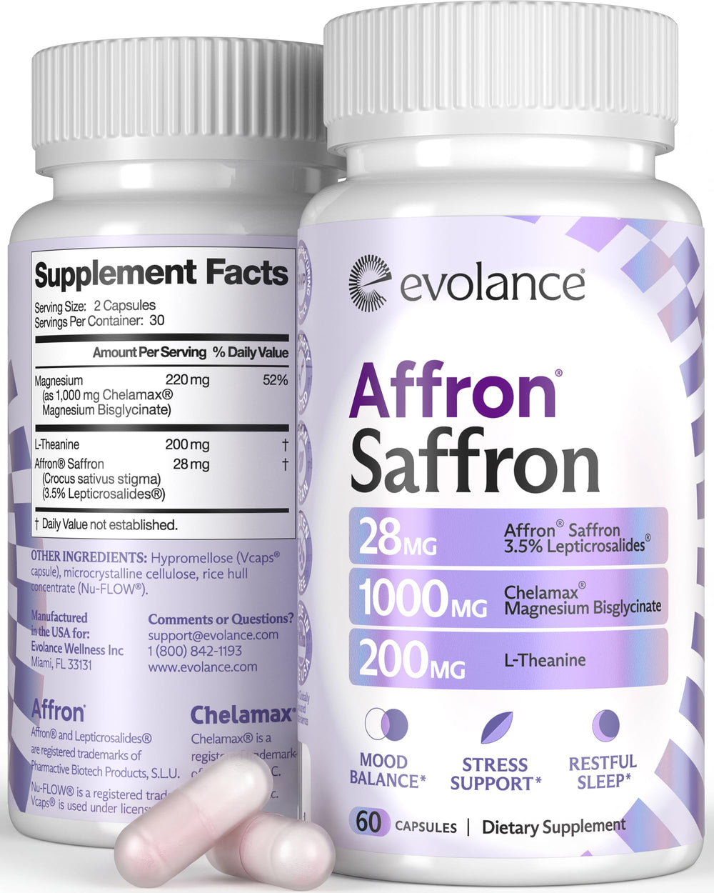 Evolance saffron supplements bottle front showing mood support potential and calm focus