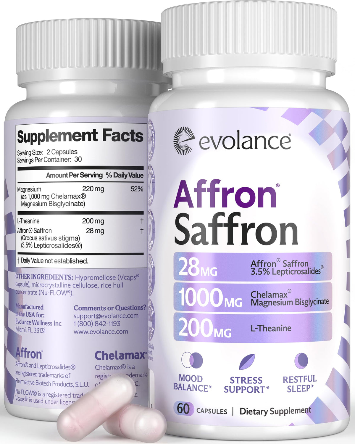 Evolance saffron supplements bottle front showing mood support potential and calm focus